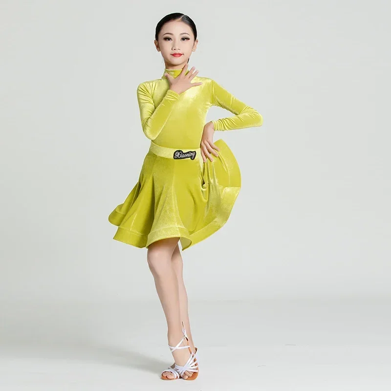 Autumn Winter Velvet Children's Latin Dance Training Costume Long Sleeve Grading Competition Dress