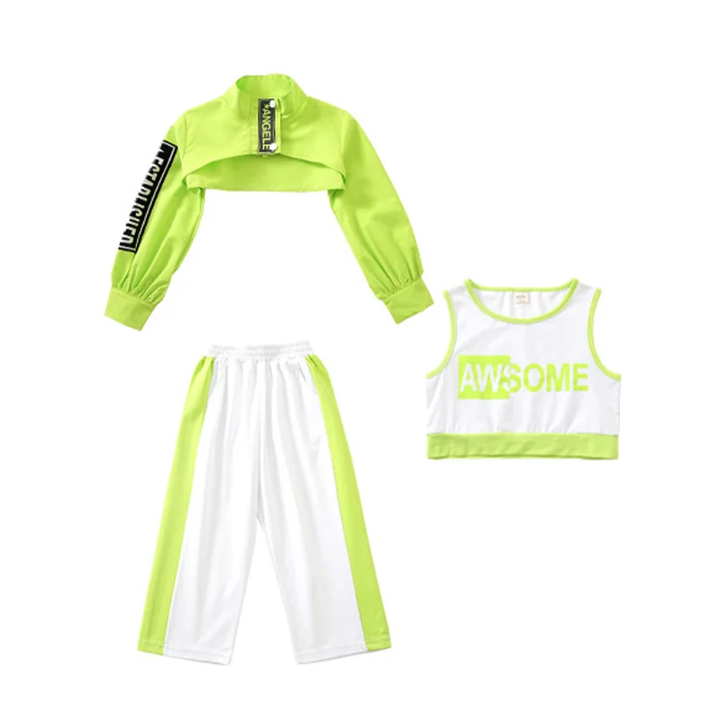 Kids Jazz Costume Girls Hip Hop Clothing Green Blue Long Sleeve Tops Pants for Performance Modern Dancing Clothes