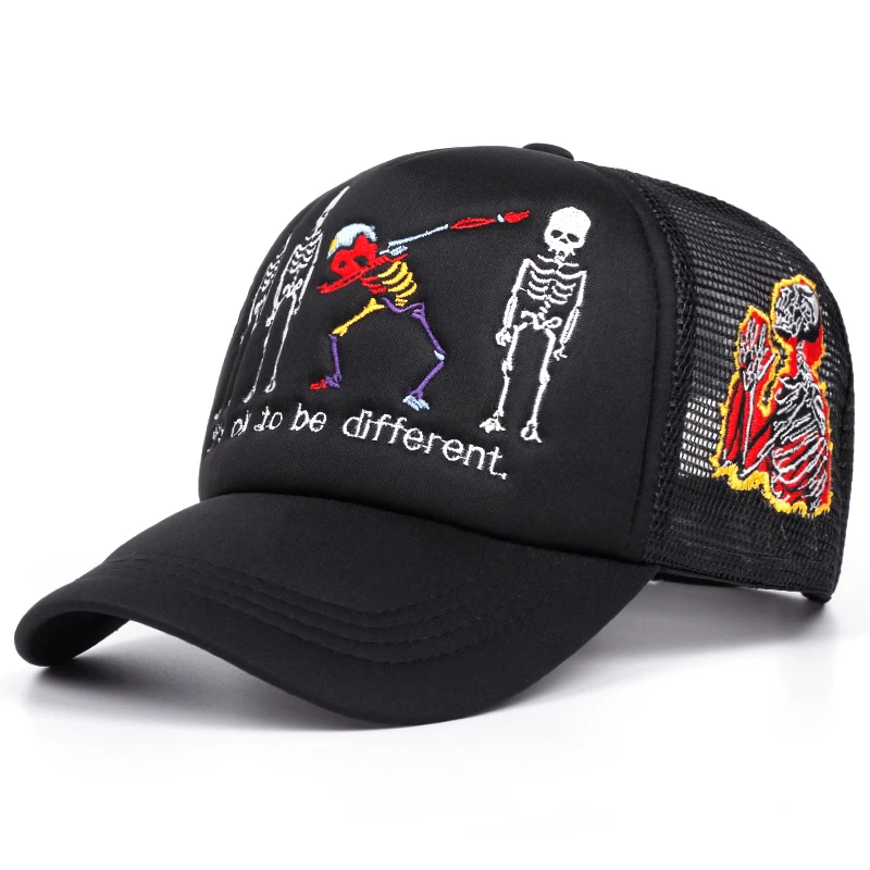 Fünf Skelett Seite Gebet Männer Gestickte Mesh Hut Hip Hop Hut Outdoor Sport Sonnenschutz Hut Frauen Casual Hut Baseball Hut – Detail 2