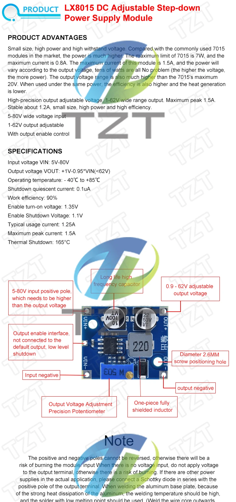 LX8015 DC-DC Einstellbares Step-Down-Leistungsmodul, Eingang 5-80V zu 1-62V 1,5A Stromwandler, übertrifft XL7015 für Solarenergieanlagen – Detail 1