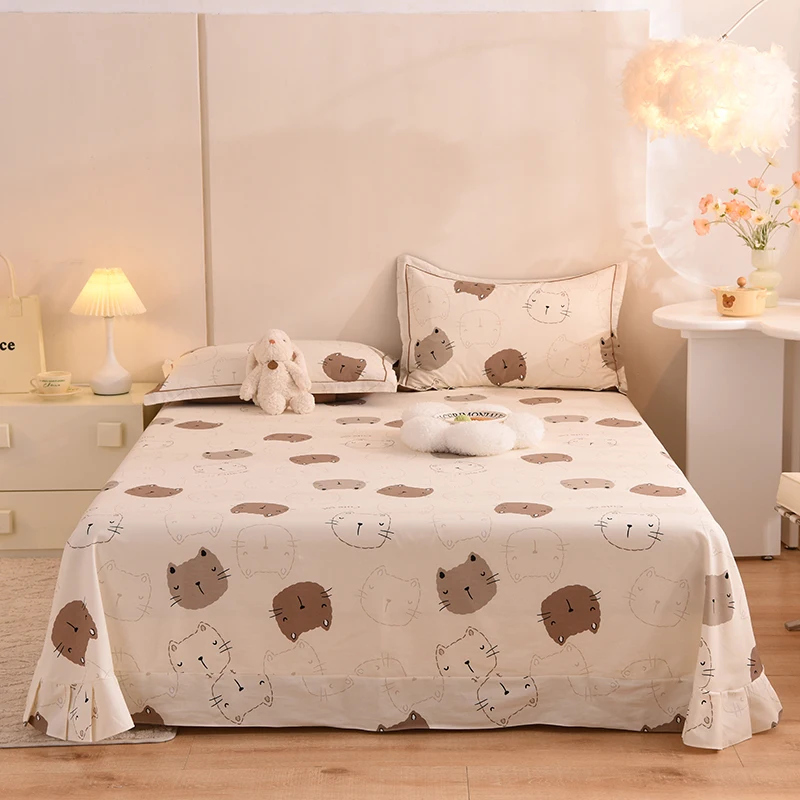 3pcs Cartoon Cat Theme Cotton Bed Sheet Set, Cute Animal Queen Thickened Bedding with 2 Pillowcases, Adult Bedroom King Sheets