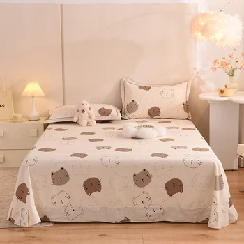 3pcs Cartoon Cat Theme Cotton Bed Sheet Set, Cute Animal Queen Thickened Bedding with 2 Pillowcases, Adult Bedroom King Sheets