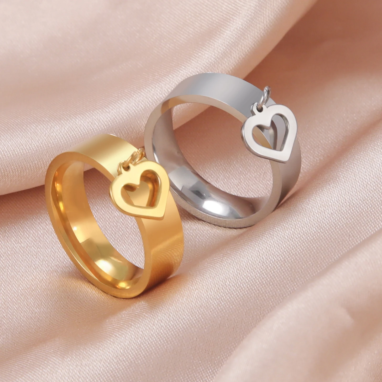 Stainless Steel Circular Heart Pendant Couple Ring Gift_voghion.com