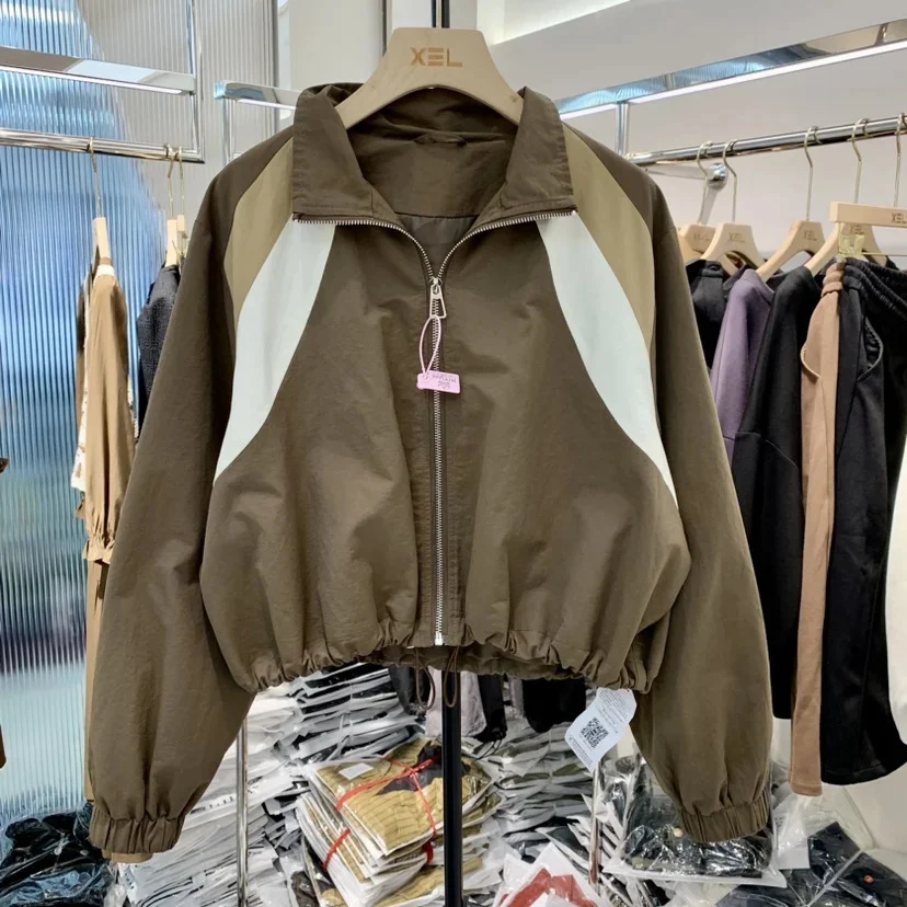 

2023 Autumn New Sweet Cool Charge Coat American Contrast Half High Neck Drawstring Women's Small Tall Short
