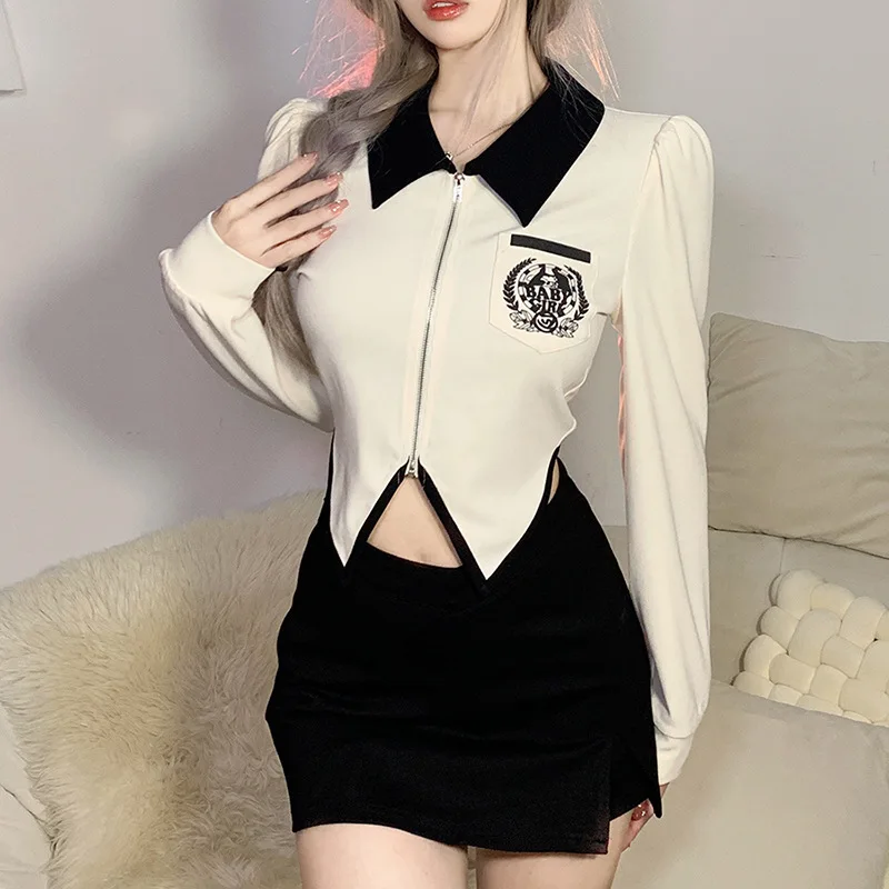 

European and n wind autumn new model apricot women's pure color slim fashion sexy navel exposed long-sleeved t-shirt tees