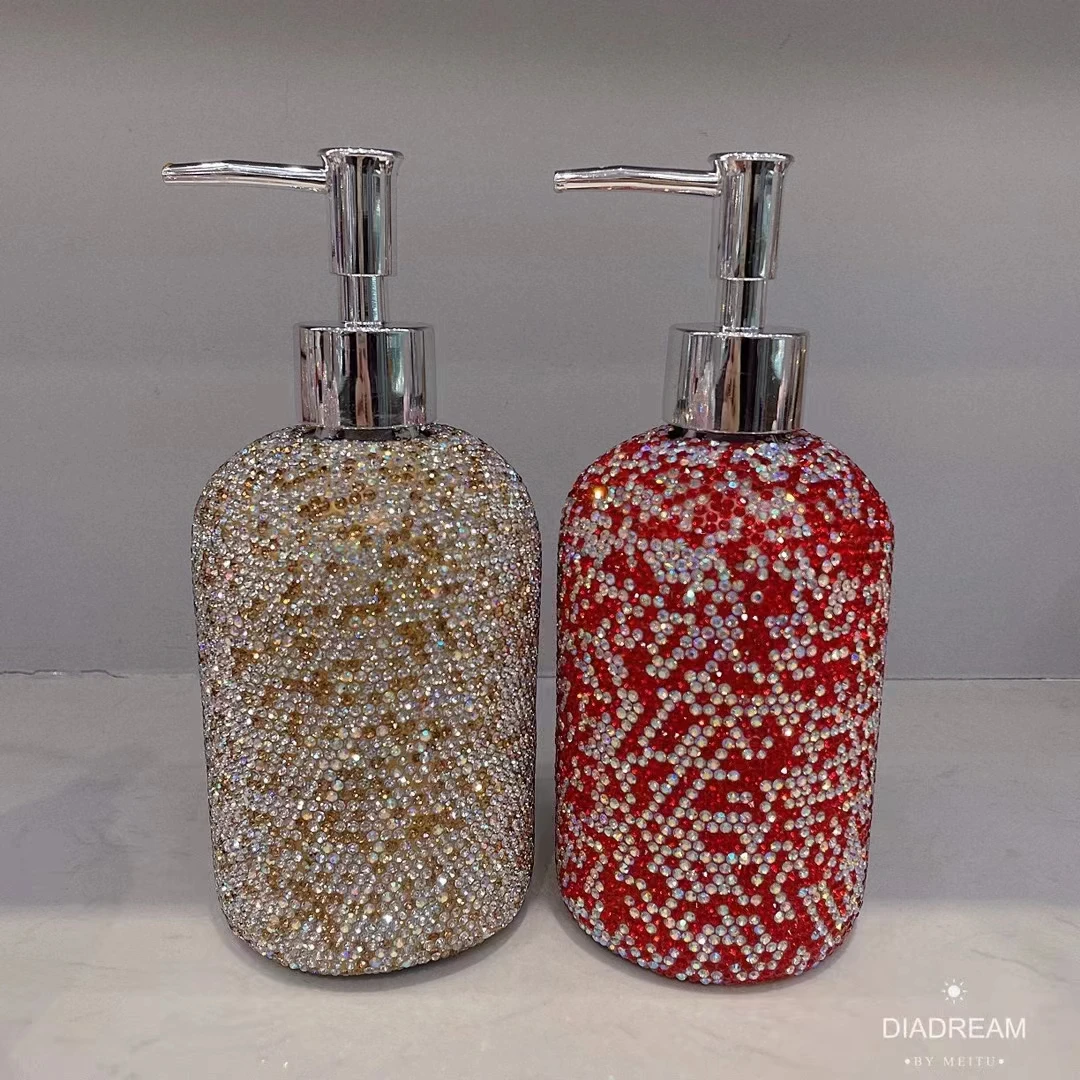 Bling Diamond Hand Sanitizer Bottle 500ml Glass Bathroom Soap Shampoo Shower Gel Dispenser Liquid Lotion Refill Press Head Pink 3