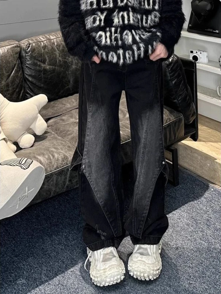 Foufurieux Belt Deconstructed Baggy Jeans Men Vintage Wash Destroyed Frayed Spliced Straight Casual Wide Leg Pants Streetwear