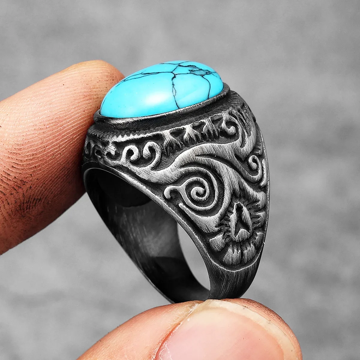 Vintage Black Turquoise Carved Stainless Steel Ring - Punk Rock Luxury Fashion Jewelry Accessory