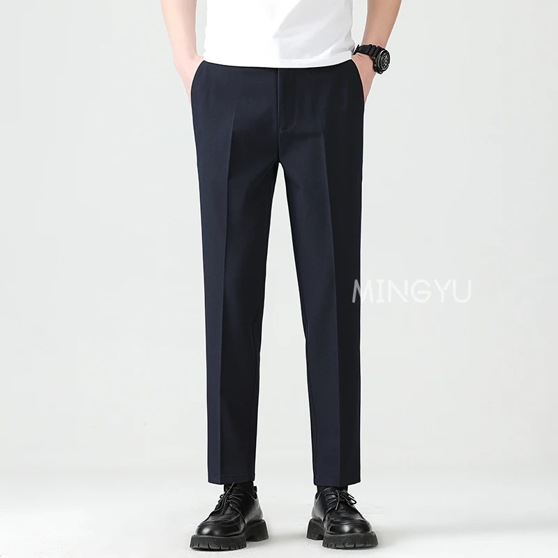 Lyocell Blend Summer Ankle Length Pants Men Business Elastic Waist Formal Suit Korean Social Work Trousers Male 40
