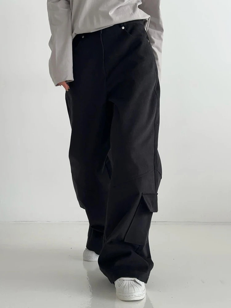IAMSURE Safari Style Big Pockets Cargo Pants Casual Loose High Waisted Wide Leg Pants Women 2023 Autumn Spring Streetwear Ladies