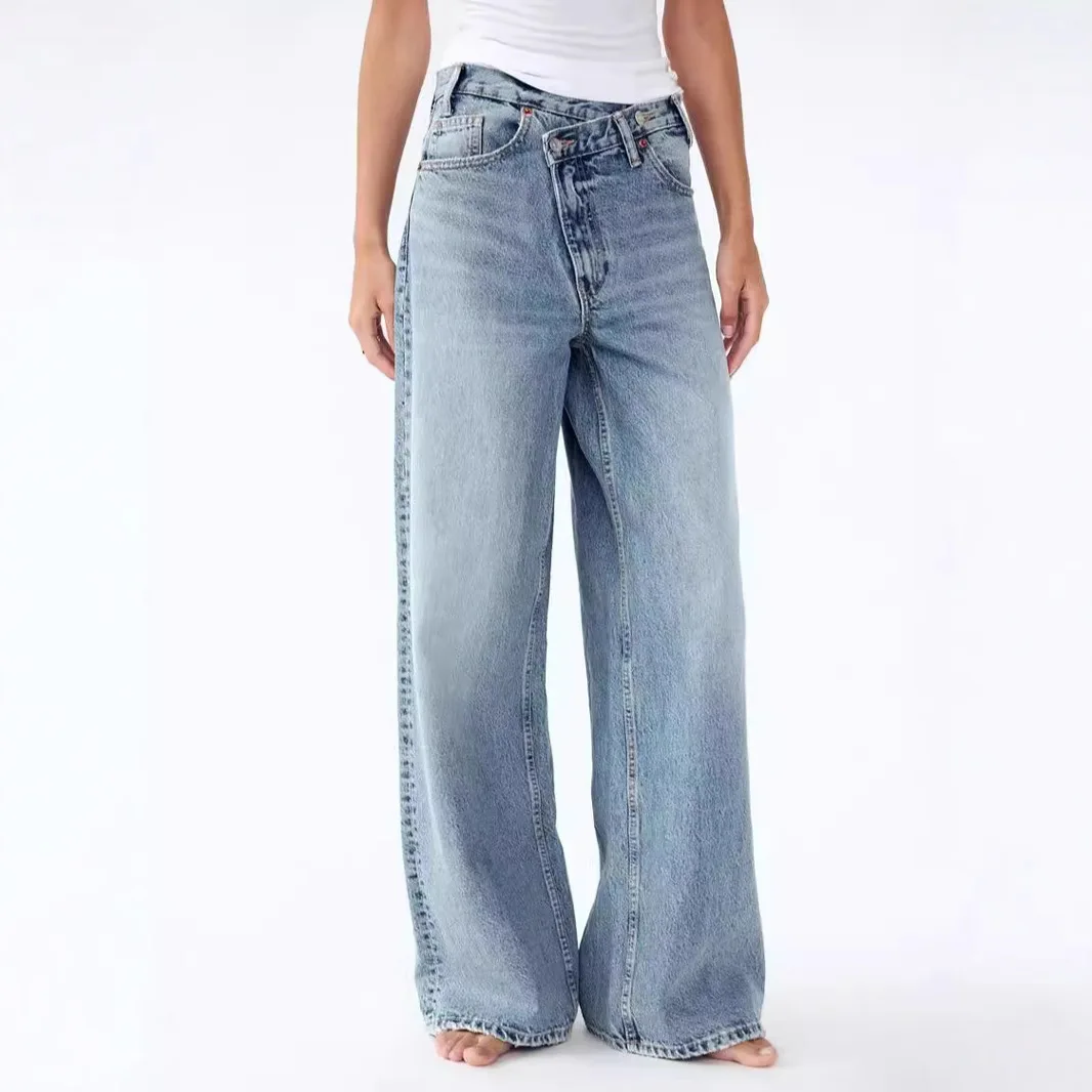 2025 Asymmetrical Diagonal Buckle Sense Design Wide-leg Jeans. Women's Four Seasons New Street Fashion Retro Casual Loose Jeans 1