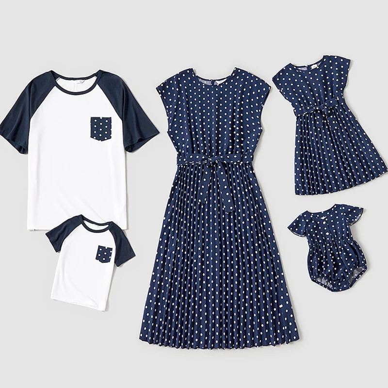 

Family Matching Outfits Summer New Polka Dot Mom And Me Daughter Girl Dress Father And Son Boys Short Sleeve Shirt Tops Sets