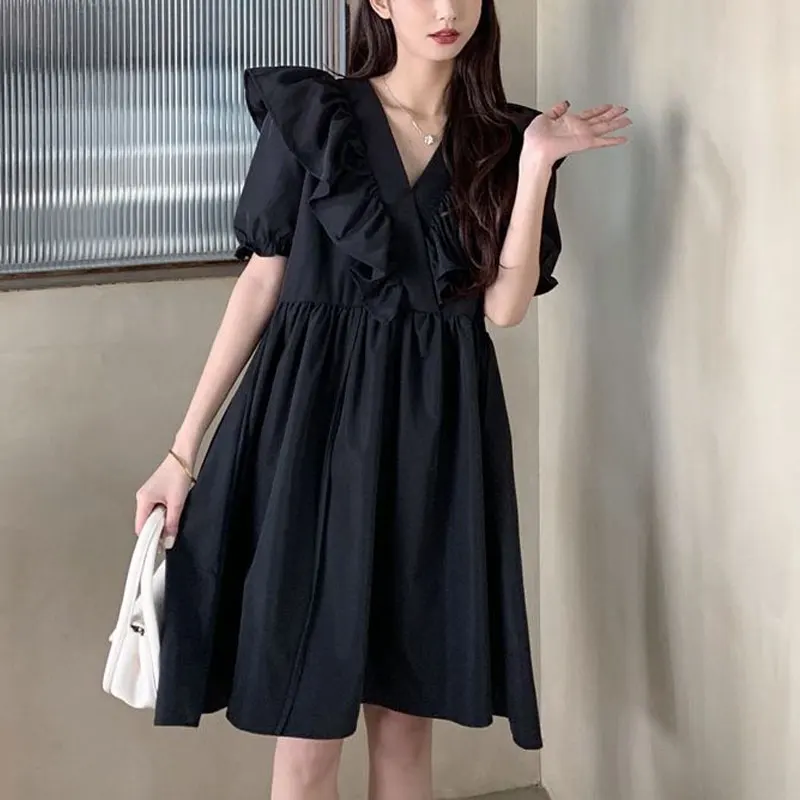 

Stylish Ruffles Spliced Loose Dresses Solid Color Women's Clothing Casual V-Neck Summer New Short Sleeve Sweet A-Line Midi Dress