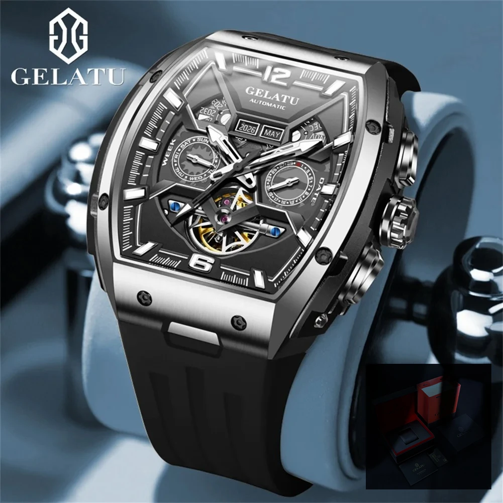 GELATU 6013 Fashion Original Watch for Men Multifunction Chronograph Waterproof Silicone Strap Automatic Mechanical Wristwatches mechanical watch