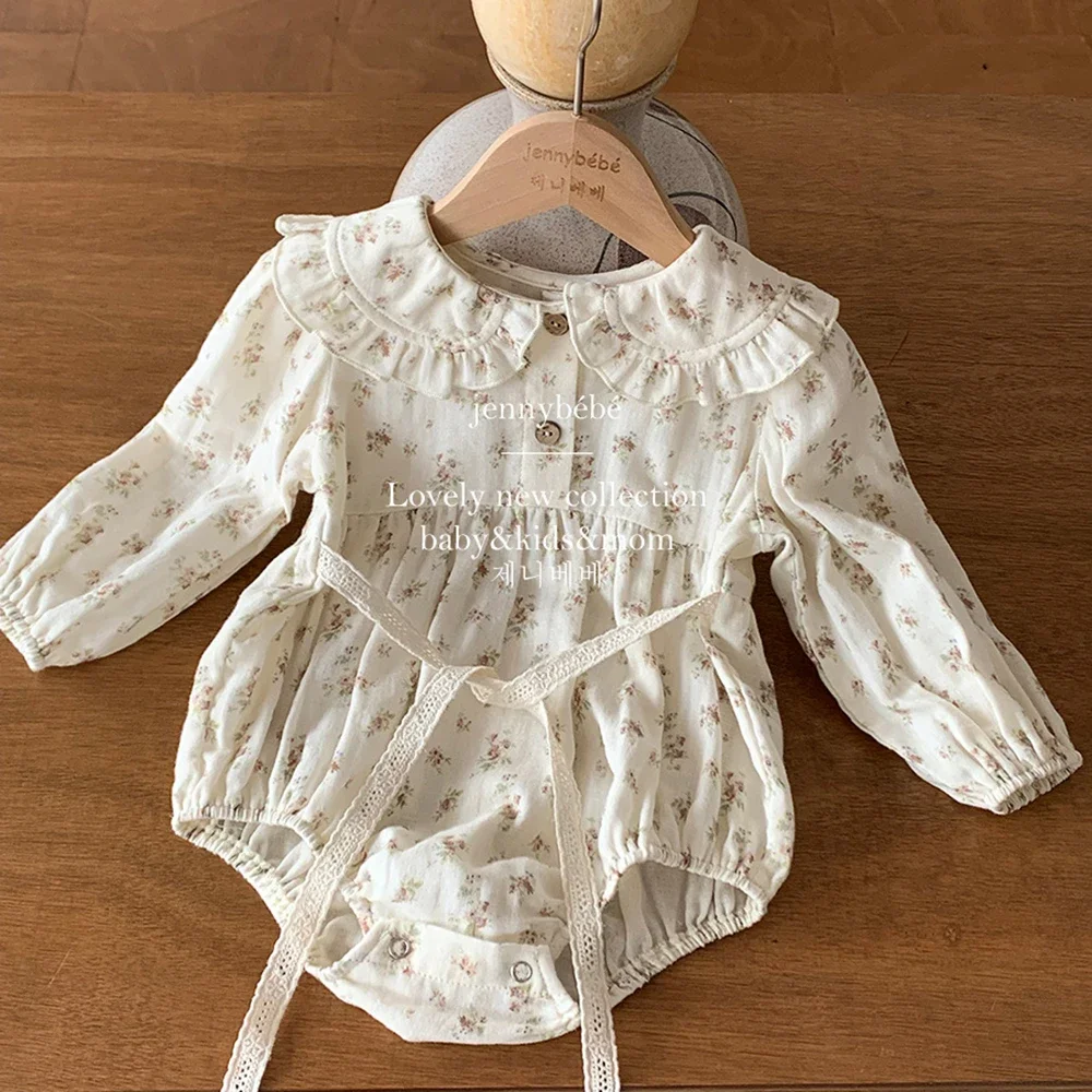 

Autumn 2023 New Toddler Clothes Cute Floral Lace Infant Girls Petal Collar Romper Soft Cozy Cotton Overalls Baby Xmas Clothes