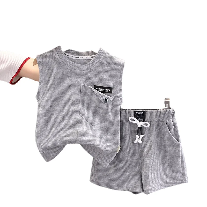 New Fashion Children Boys Girls Clothes Summer Kids O-Neck Solid Vest Shorts 2Pcs/Set Infant Kids Cartoon Toddler Tracksuits