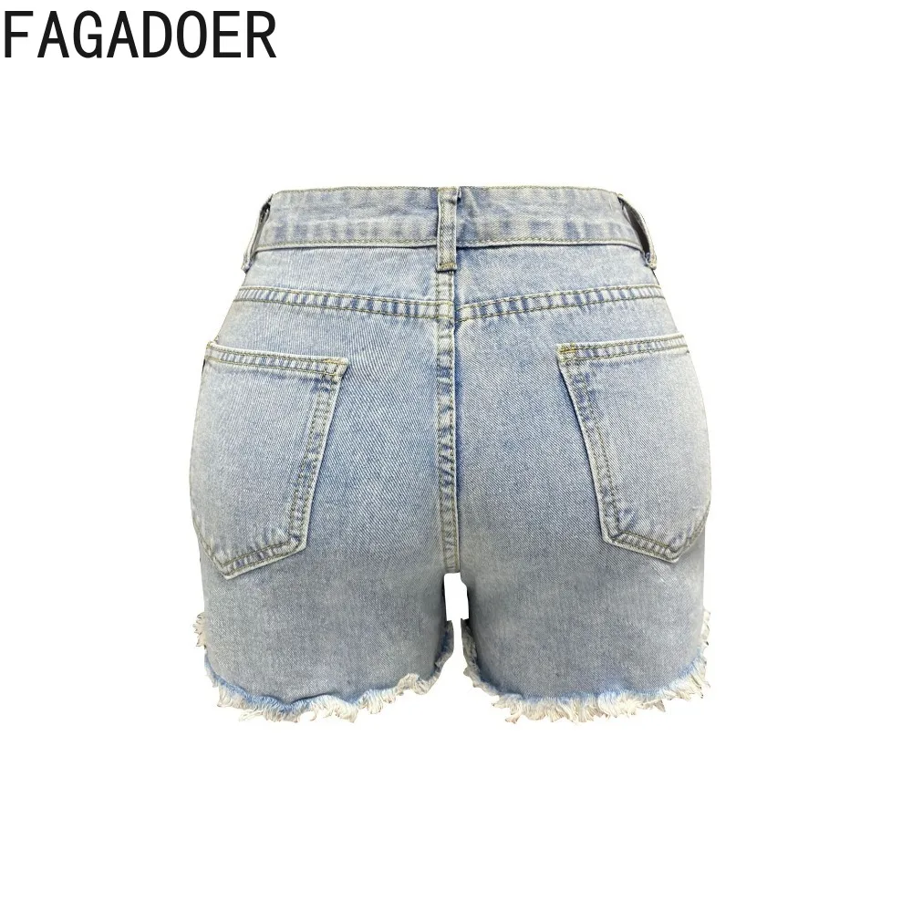 FAGADOER Fashion Hole Tassels Slim Denim Shorts Women High Waisted Button Pocket Straight Jean Female Irregular Cowboy Bottoms
