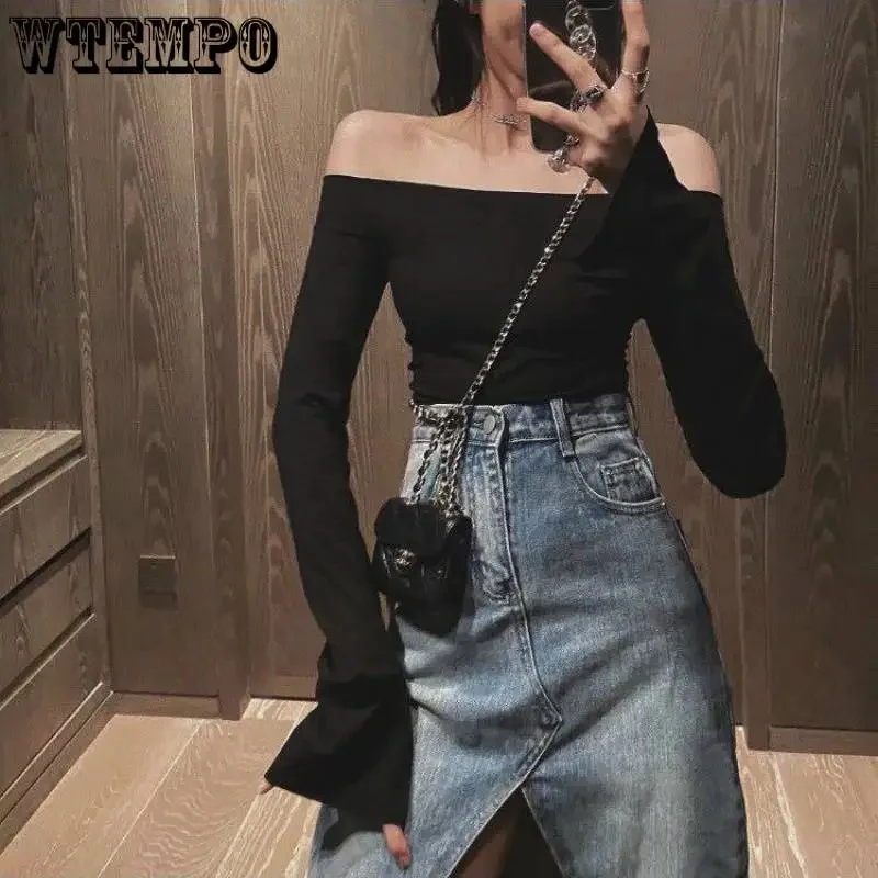 

Slash Neck Shirts Off-shoulder Bottoming Blouse Black Long-sleeved Top Flare Sleeve T-shirt Women Spring/Summer Trend Skinny Tee