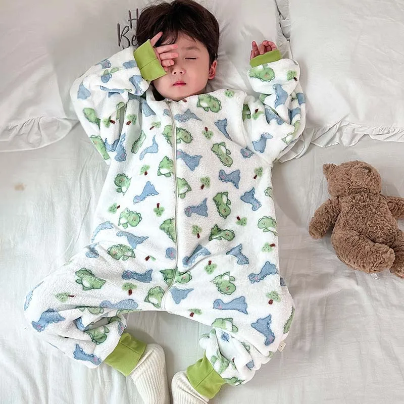 Winter Kids Onesie Pajamas Bear Panda Pattern Children Boys Girl Jumpsuit Anti Kick Split Legs Loungewear Home Thermal Sleepwear