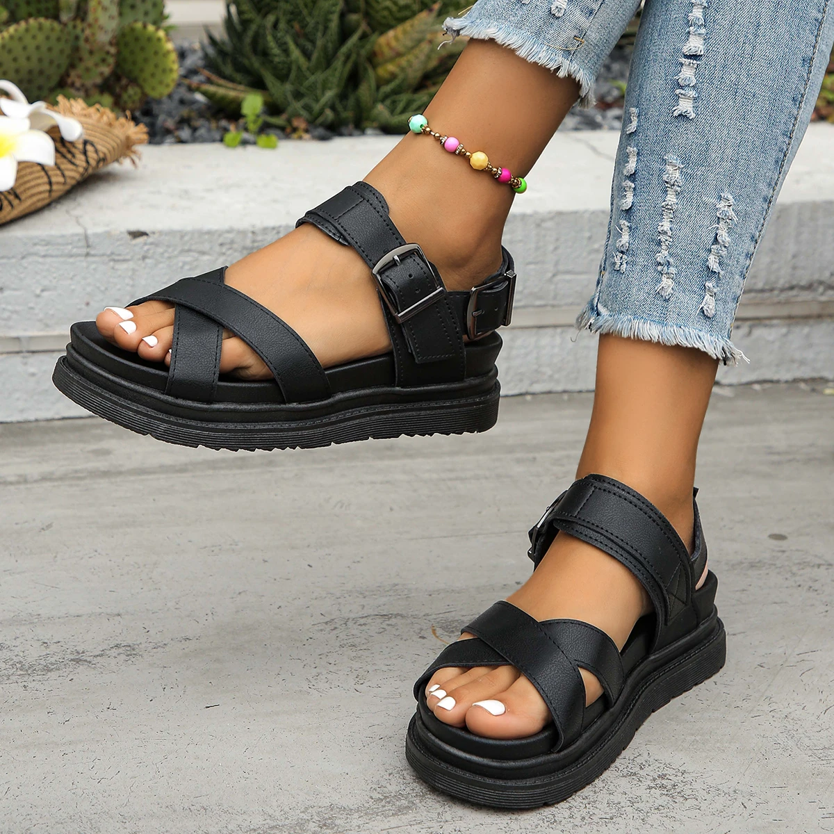 New Black Open Toe Flatform Wedges Shoes Woman Summer Beach