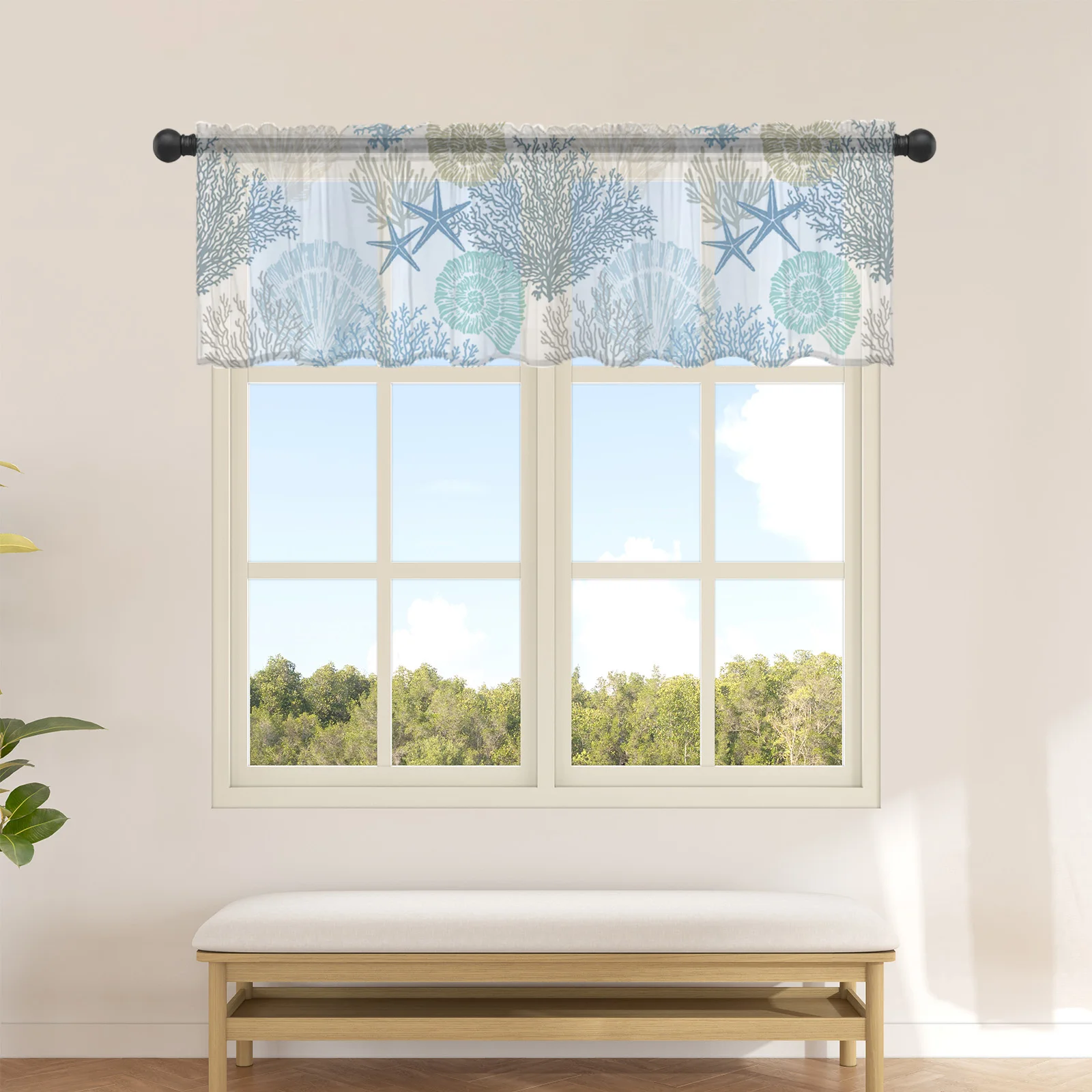 Blue Marine Coral Shells Starfish Sheer Curtains for Kitchen Cafe Half