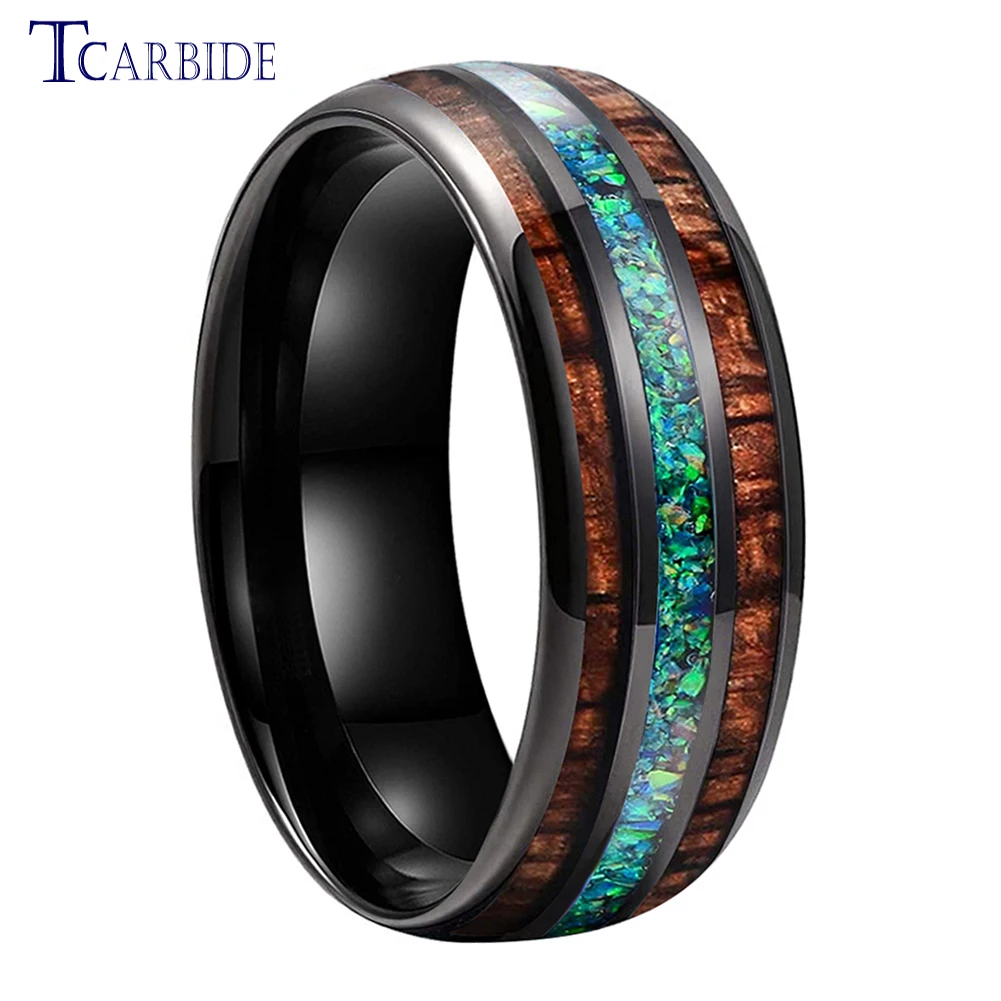 8MM Men Women Black Tungsten Wedding Band Nice Wood Opal Ring Domed Grooved Polished Finish Comfort Fit