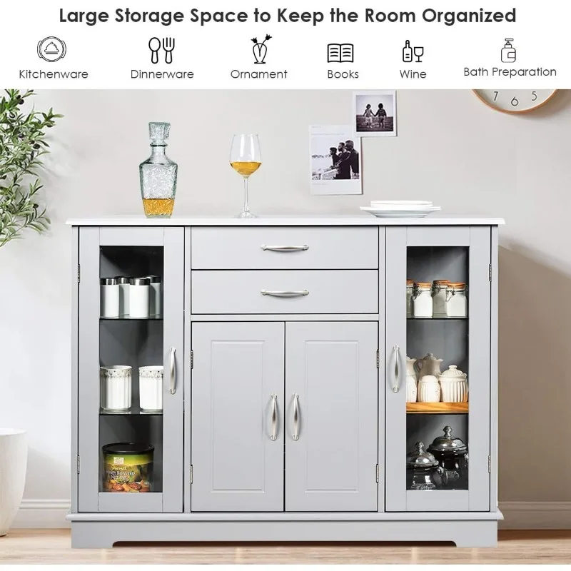 Sideboard Storage cabinet with 2 drawers,3 cabinets and glass doors for kitchen and dining room furniture,cupboards consoles