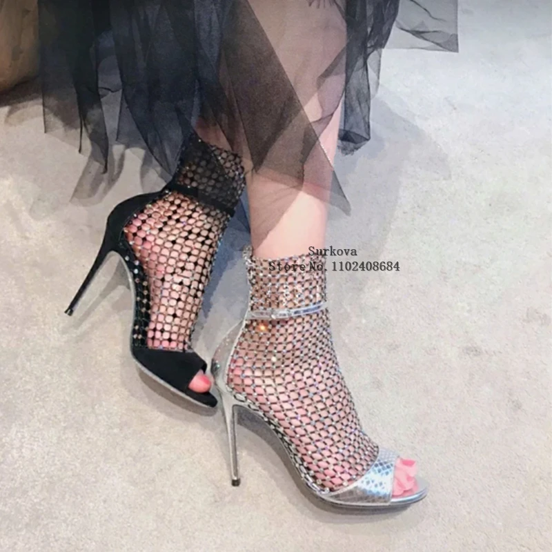 

Luxury Hollow Out Summer Shoes Designer Crystals Woman Black Fish Net Peep Toe High Heels Sandals Glitter Sexy Party Ankle Boots