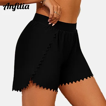 Anfilia Women Swimming Shorts High Elastic Wide Waistband 2 in 1 Side Split Zigzag Design Built-in Shorts Bikini Tankini Bottom 1