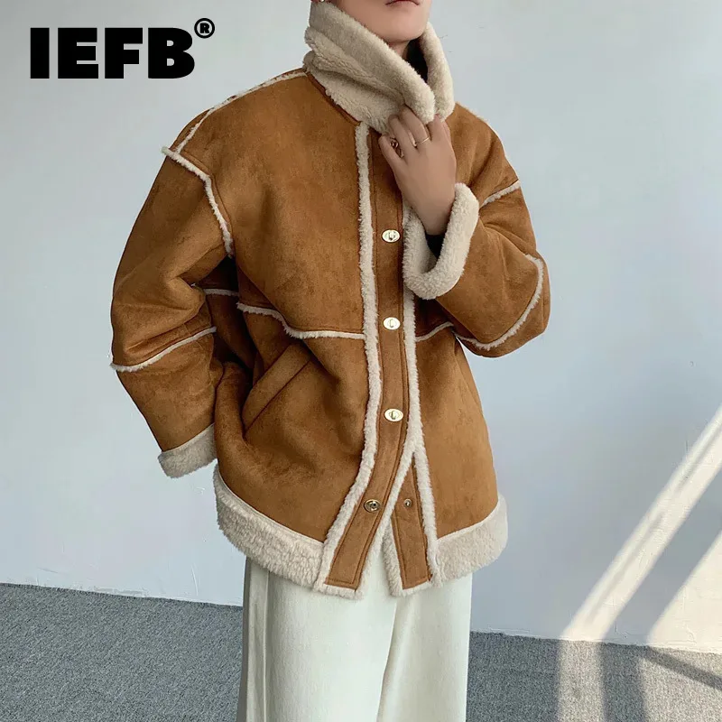 

IEFB Autumn Winter Men's Faux Fur Jackets Thickened Metal Button Cotton Coat Trend 2023 Contrast Color Fashion Clothing 24X3087