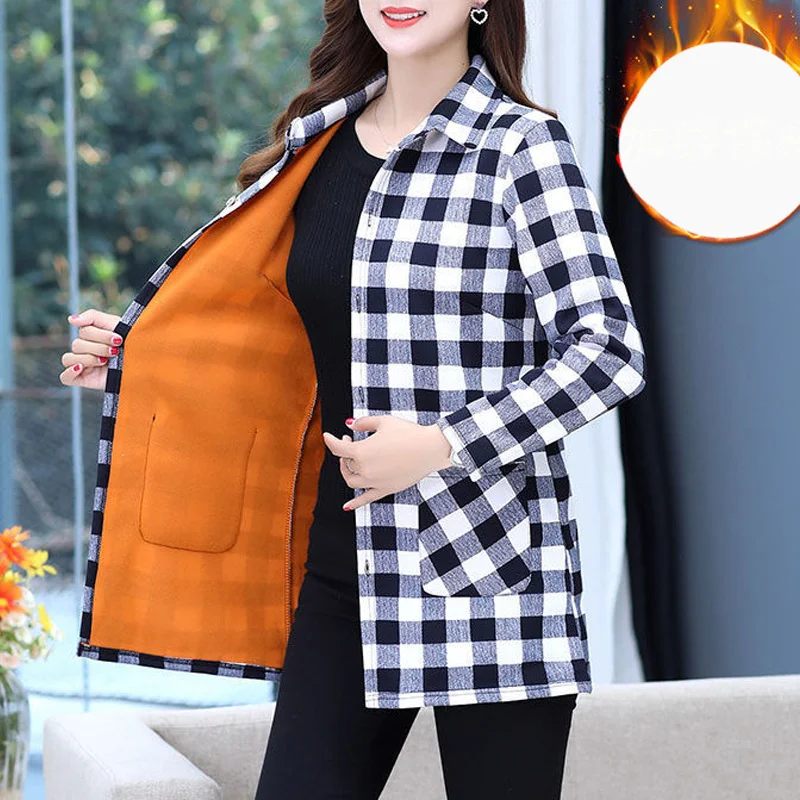 

Spring Autumn Elegant Fashion Harajuku Coat Plaid Tops Women Casual All Match Outerwear Long Sleeve Cardigan Polo Collar Blusa