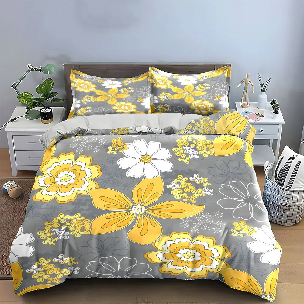 Yellow White Floral Seamless Bedding Set,Minimalist Grey Background Flower Print 1 Duvet Cover 2 Pillowcase,Soft Microfiber 3PC 3
