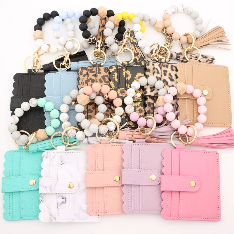 Silicone Bead Bracelet Solid Leather Card Bag Wristlet Keychain Silicone Beaded Bracelet Leather Tassel Wallet Bangle hot sell leather bracelet non mainstream punk wind bracelet handmade multi layer leather hand bangle