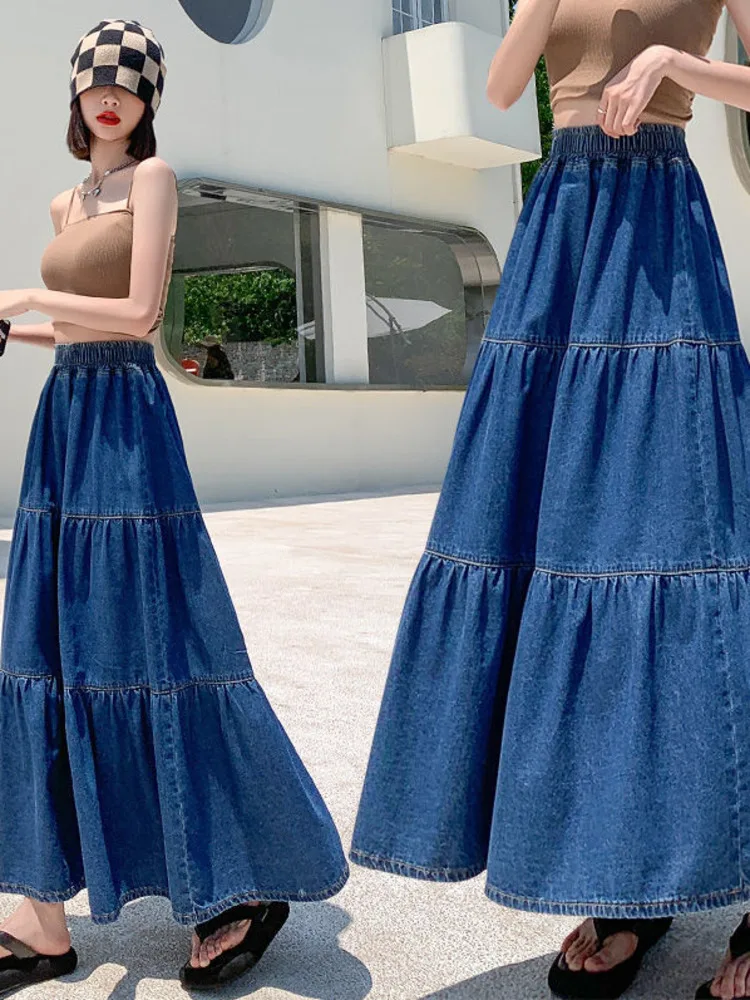 New Arrival Women Summer Denim Long Cotton Denim Material High Waist A-Line Skirt
