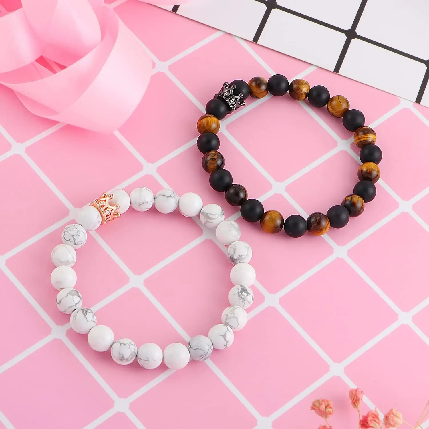 Kirykle 8mm Natural Stone Beaded Jewelry Set for Women Men Tiger Eye Stone Alloy Crown Elastic Bracelet for Couples Jewelry Gift