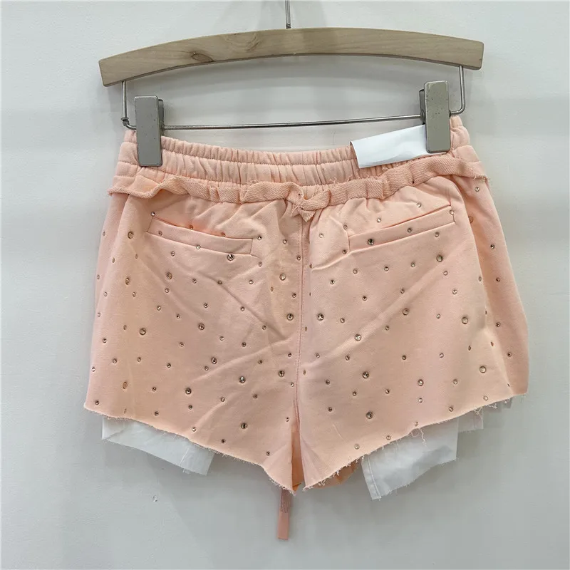 Casual Rhinestones Drawstring Shorts for Women 2024 Summer New Loose Women's High Waist All-Matching Irregular Short Sweatpants