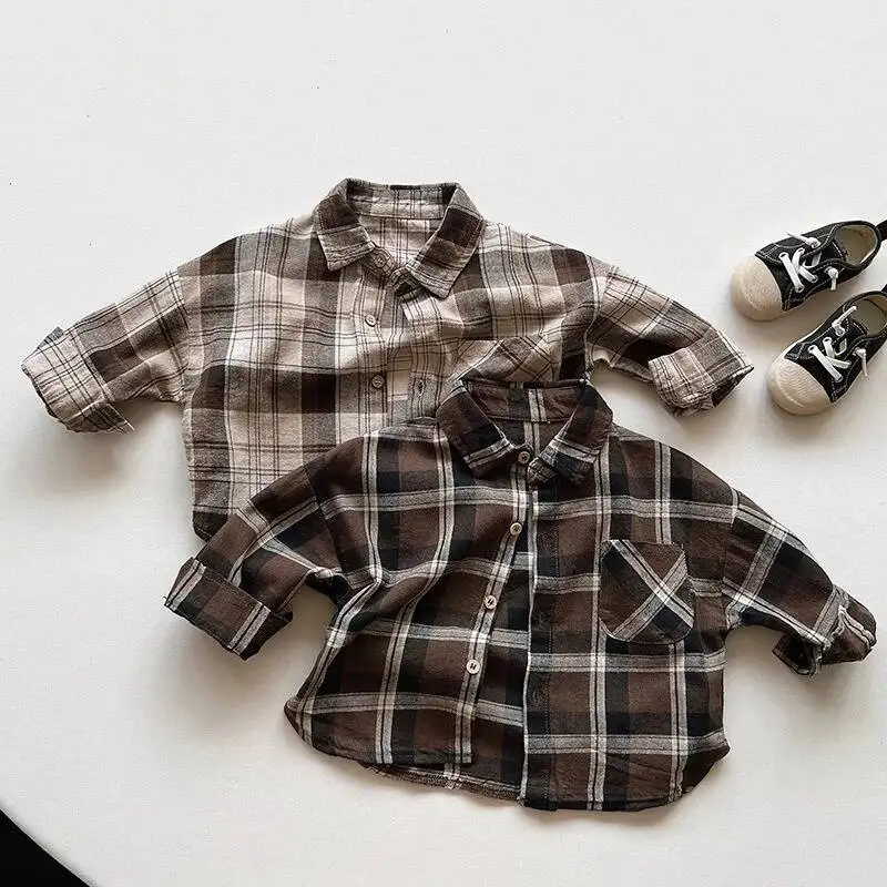 Baumwolle Plaid Taschen knopf 2023 Frühling Herbst neue Kinder hemden Junge lässig Langarm Tops Kinder tragen Kleinkind Kleidung für 1-8y – Detail 1