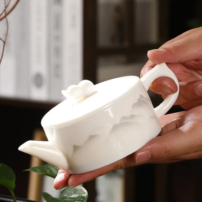 Suet jade white porcelain teapot ceramic large-capacity handmade single pot Hanwa large mouth pot Kung Fu tea set