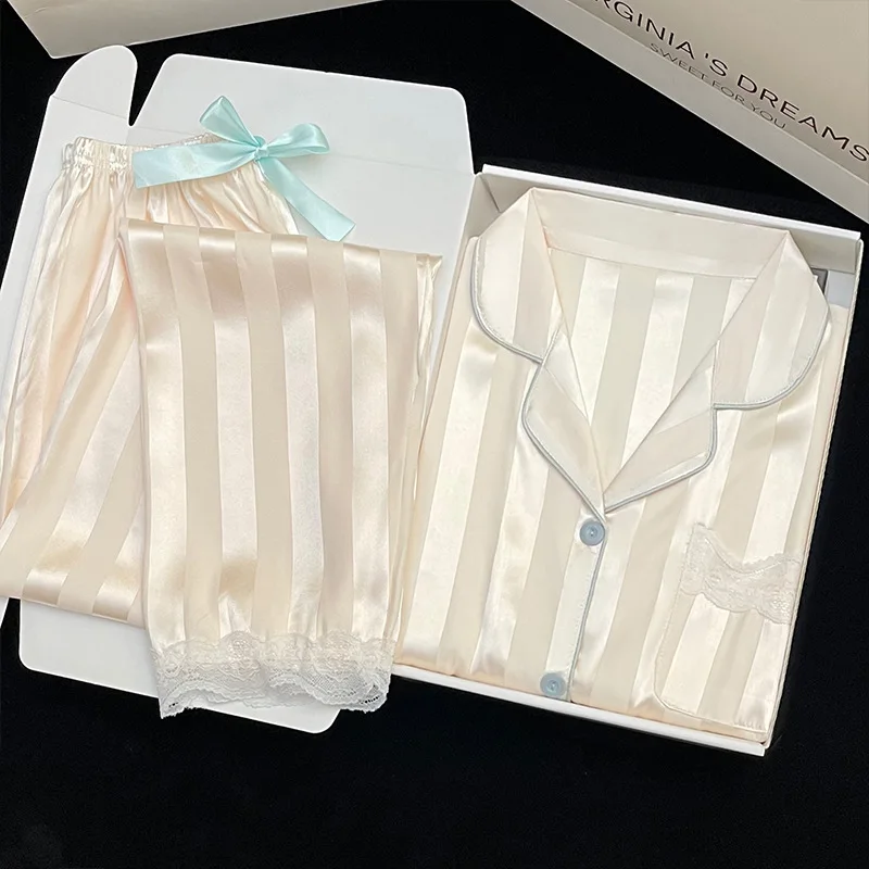 Ling Solid Striped Summer Pajamas Sweet Bow-knot Ice Silk Satin Sleepwear Women 2PCS Fashion Women's Home Wear Short Sleeved Set