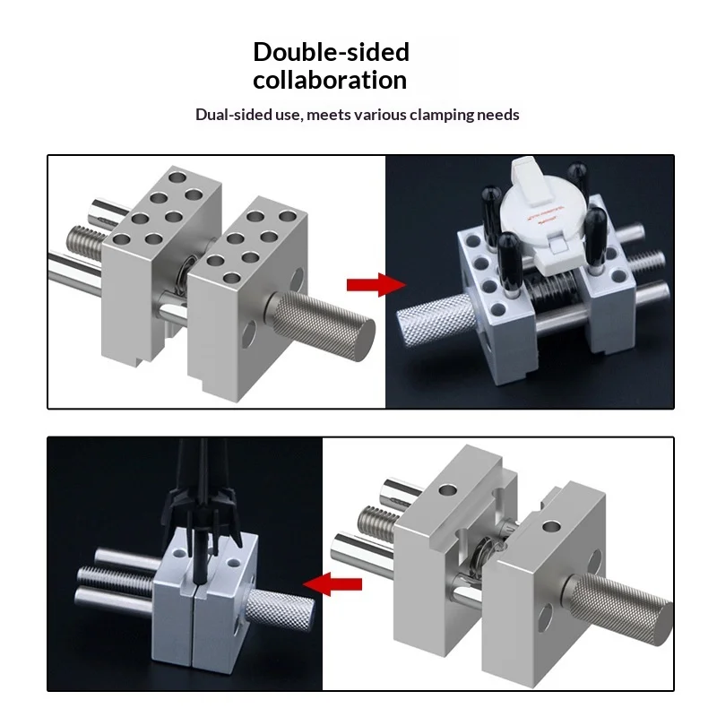 Pince de serrage multifonction pour modélisme utilisée comme gabarit de fixation sur une planche de travail.