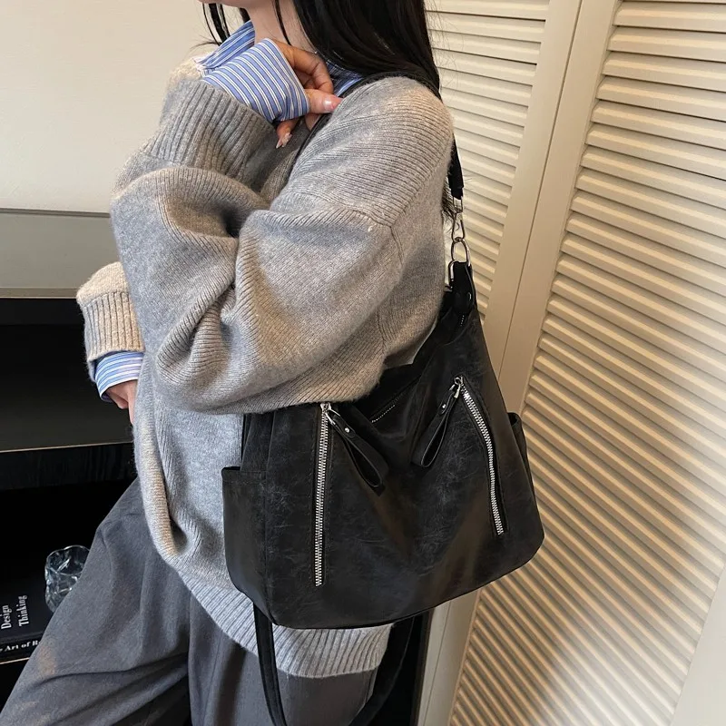 Women Frosted PU Tote Bag with Multi Zipper Underarm Bag Top-Handle Bag Large Capacity for Travel Shopping Daily Use