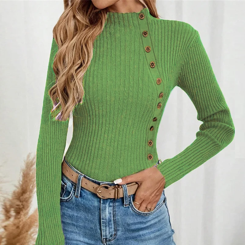 Suéter de cuello alto para otoño e invierno, elegante, suave, cómodo, elástico, para mujer, camisa de mujer, blusa de manga larga con botones acanalados