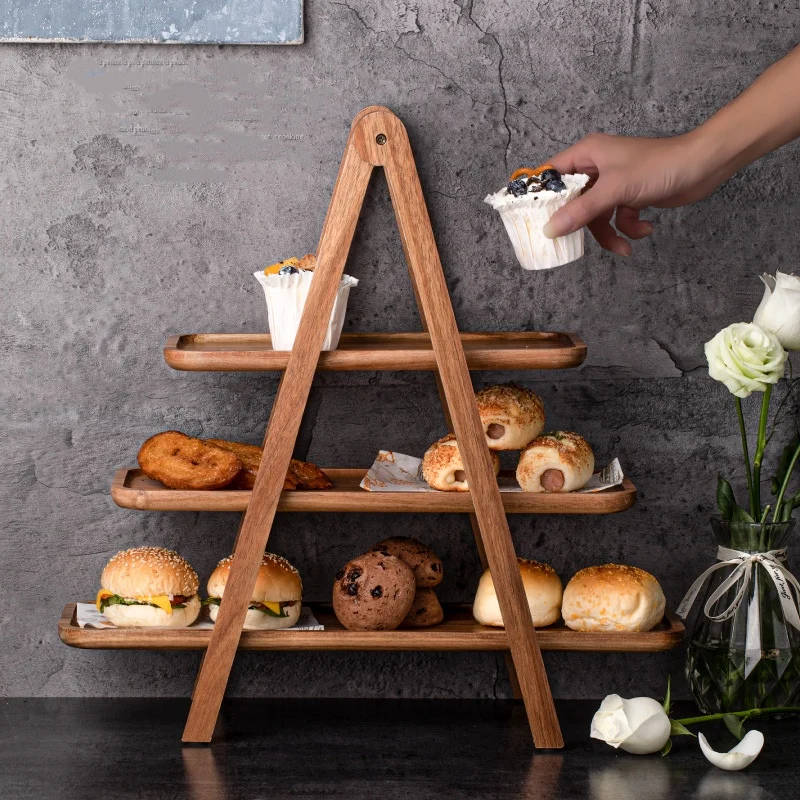 

Multiple Layers Fruits Plate Creative Household Multi-Function Acacia Wood Desserts Rack Snacks Cake Display Trays