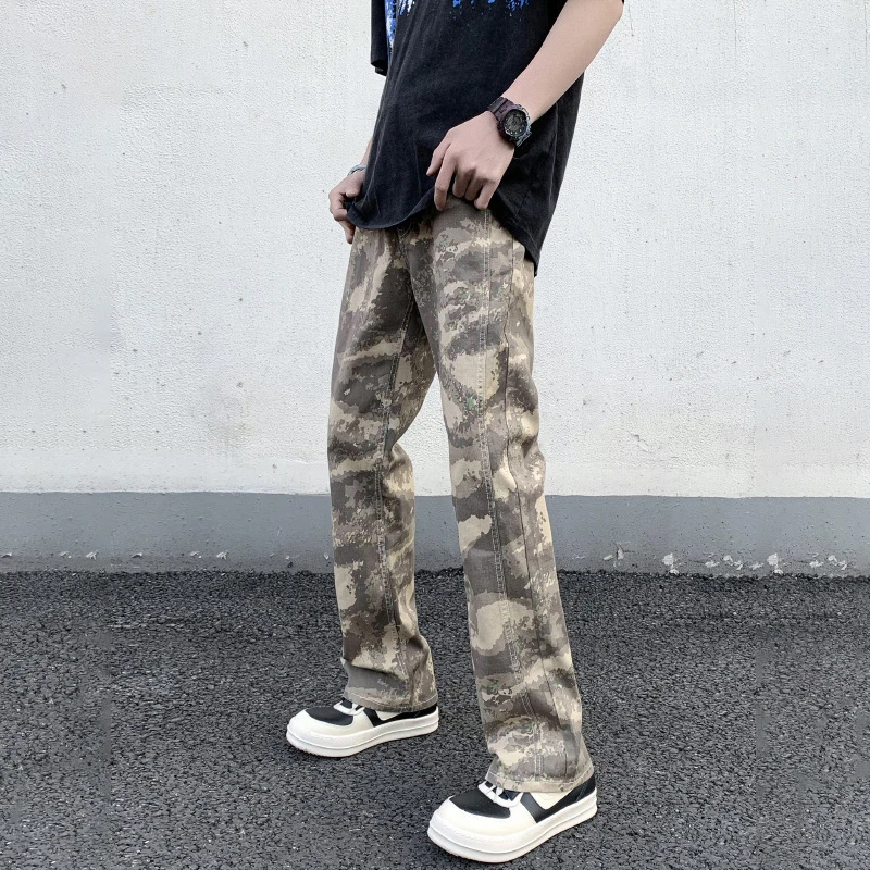 

TFETTERS Brand Piecing Camo Denim Pants Man Spring Autumn New Mid Rise American Flare Pants Men Hip Hop Punk Mens Fashion 2024