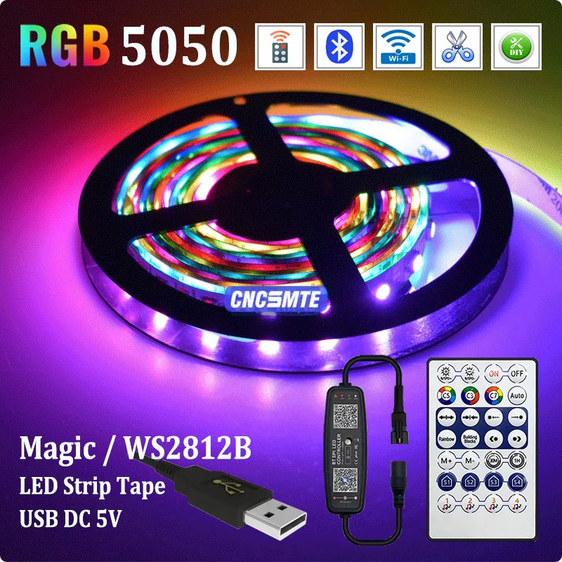 LED Light Strip Dream Color Ambient Multicolor Music Tape WS2812B USB 5V Lamp With Built-in IC 5050 RGBIC Flexible Magic Ribbon