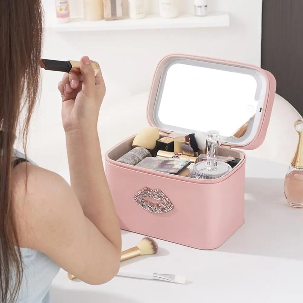 Travel Makeup Bag with LED Lighted Mirror Large Capacity Zipper Closure Handle Design Portable Cosmetic Makeup Organizer Bag 2