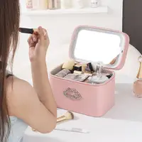 Travel Makeup Bag with LED Lighted Mirror Large Capacity Zipper Closure Handle Design Portable Cosmetic Makeup Organizer Bag 2