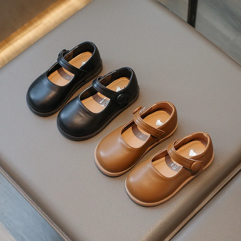 Black Leather Kids Mary Jane Shoes for Autumn