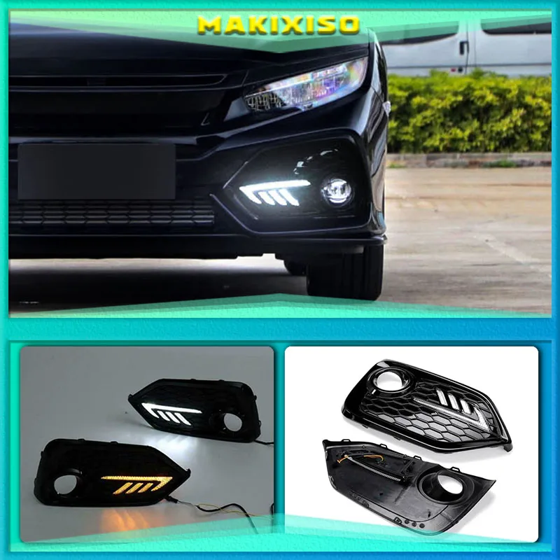 

2PCS LED DRL fog lamp Driving lights Yellow Turn Signal Lamp For Honda CIVIC hatchback 2016 2017 2018 2019 Daytime Running Light