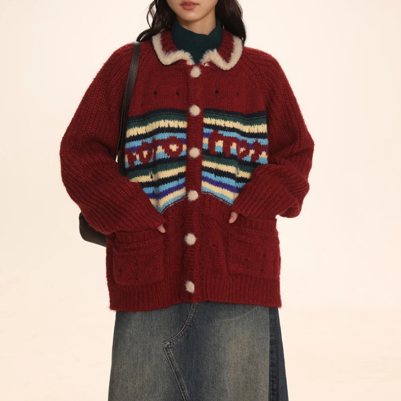 

2023 Vintage Christmas Women Red Knitwear Autumn Winter Knitted Cardigan Loose Sweater Female Jumper Classical Streetwear Top